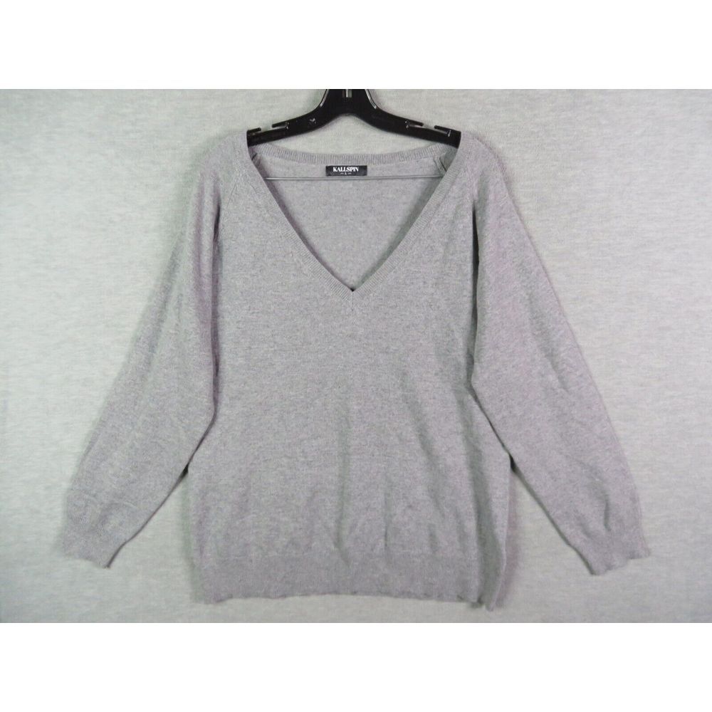 Kallspin Womens‎ Sweater Large Gray Cashmere Wool Blend Pullover Knit V Neck